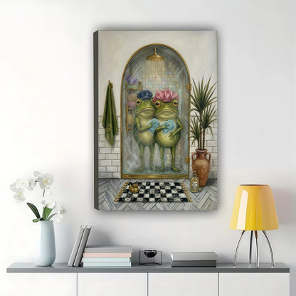 Two Frogs in Shower Caps – Vintage Whimsical Bathroom Wall Art on Natural Wood Canvas | W965