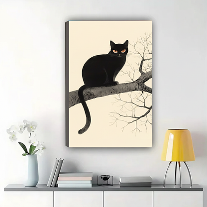 Black Cat on Bare Branch Wall Art – Minimalist Japanese-Style Canvas Print on Natural Wood Frame | W2149