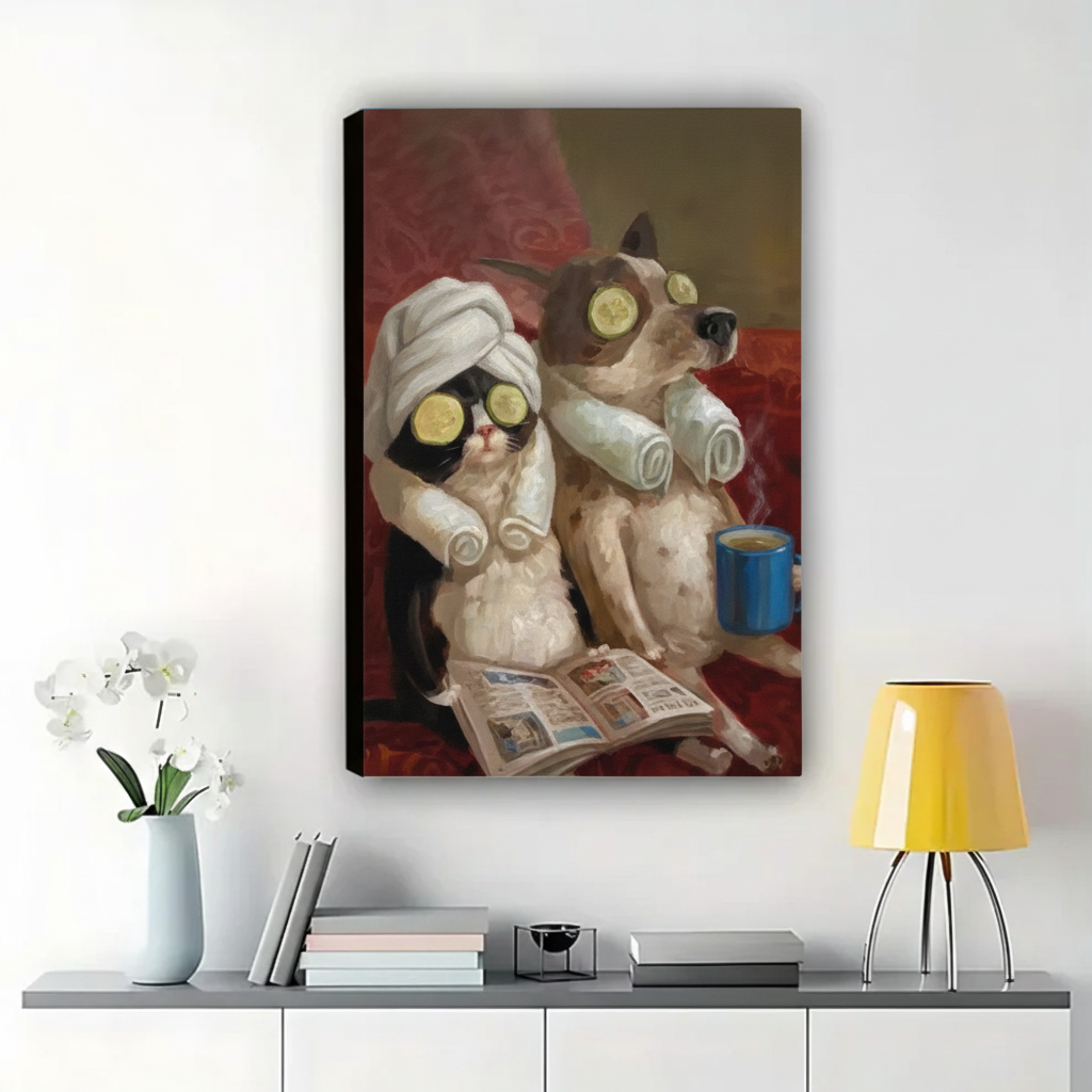 Cat & Dog Spa Day Wall Art – Funny Luxury Pet Canvas Print on Natural Wood Frame | W2104