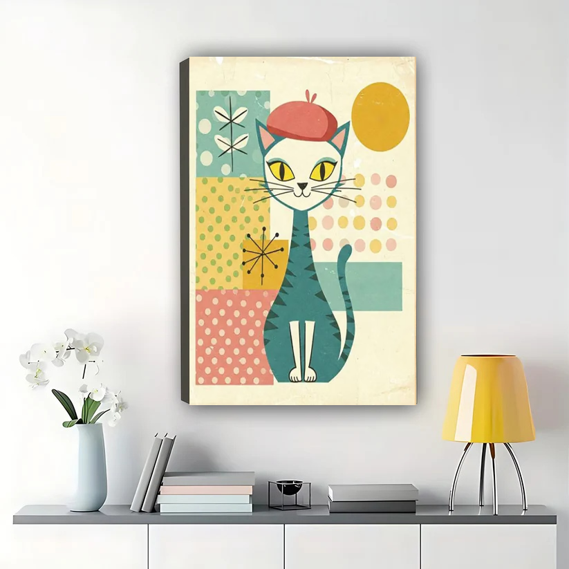 Mid-Century Cat with Red Beret Wall Art – Retro Geometric Cat Canvas Print on Natural Wood Frame | W2258
