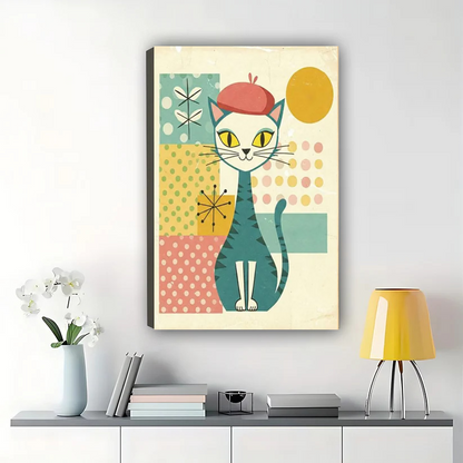 Mid-Century Cat with Red Beret Wall Art – Retro Geometric Cat Canvas Print on Natural Wood Frame | W2258