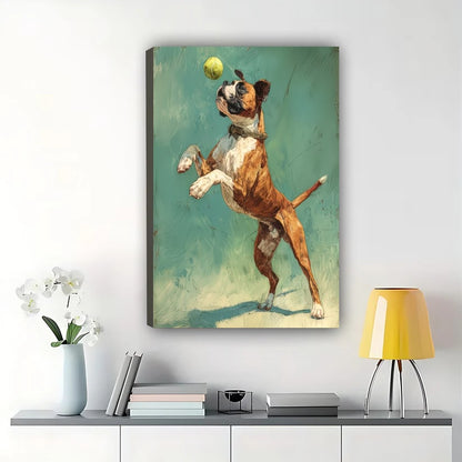 Vintage Oil Painting Style Boxer Dog Catching Ball – Dynamic Pet Wall Art on Natural Wood Canvas | W712