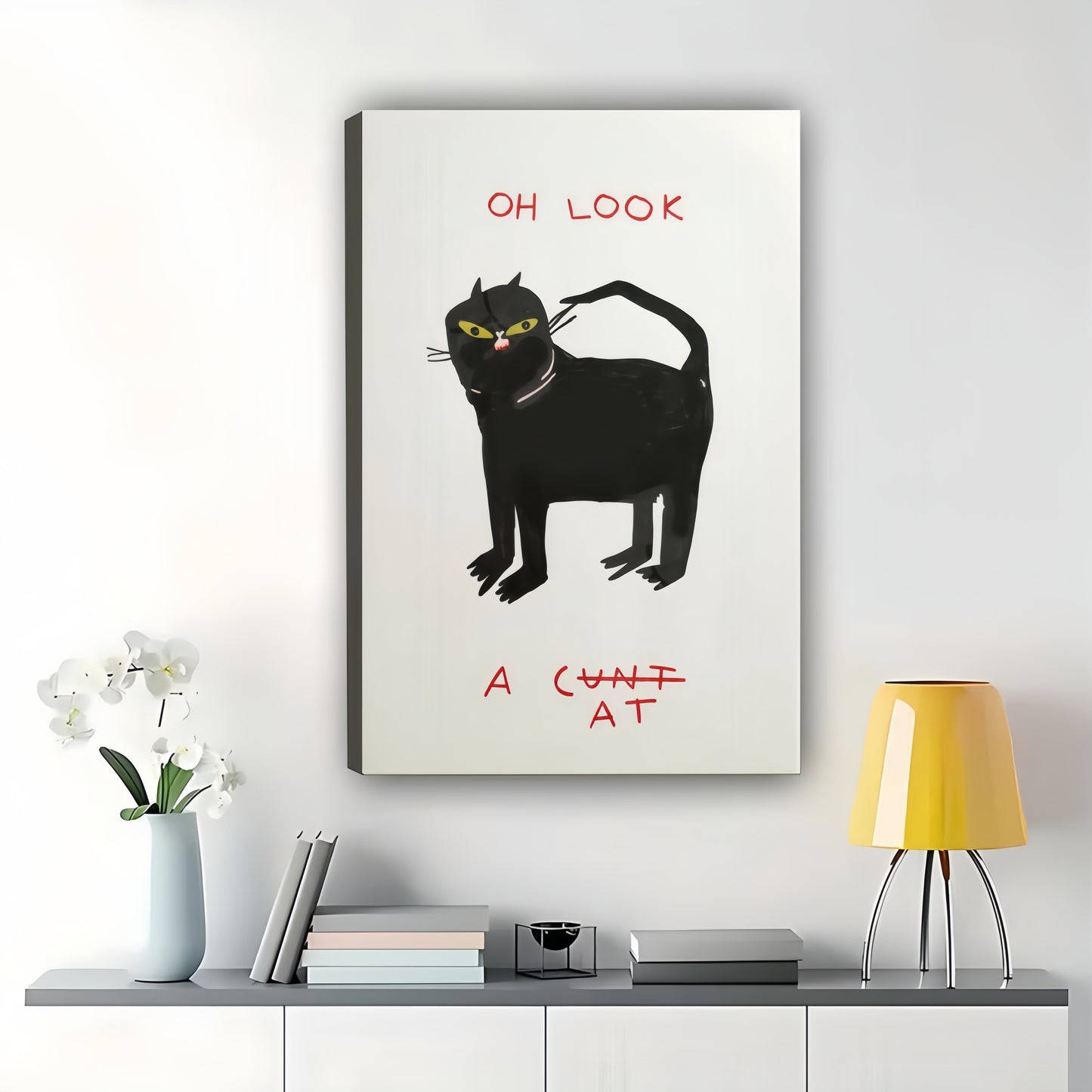 Oh Look A Cunt At Sassy Black Cat – Humorous Retro Wall Art on Natural Wood Canvas | W970