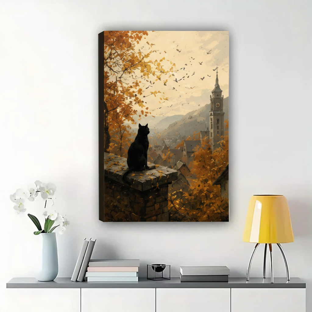 Black Cat Overlooking Autumn Village Wall Art – Moody Landscape Canvas Print on Natural Wood Frame | W2281