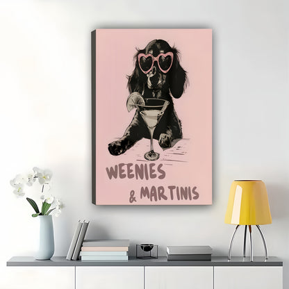 Weenies & Martinis Dachshund with Heart Sunglasses – Retro Cocktail Wall Art on Natural Wood Canvas | W930