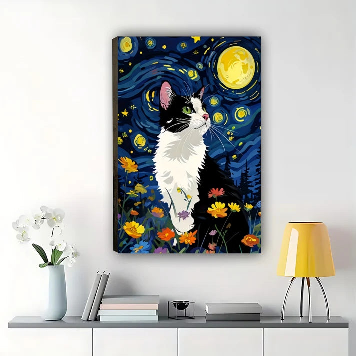 Tuxedo Cat Starry Night Wall Art - Van Gogh Style Print| W1053