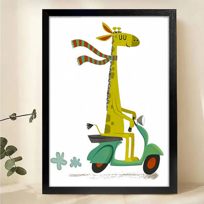 Giraffe on Scooter Wall Art - Whimsical Kids Room Decor Print |W1194