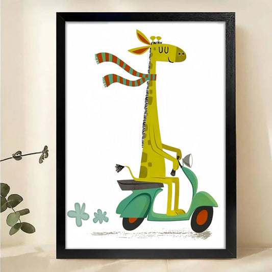 Giraffe on Scooter Wall Art - Whimsical Kids Room Decor Print |W1194