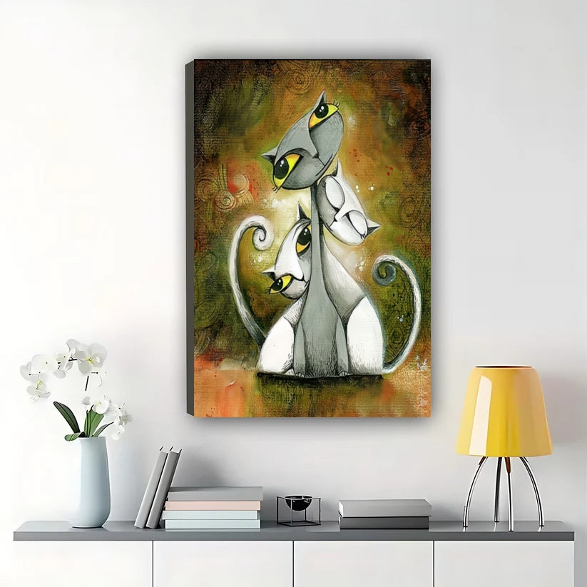 Whimsical Cat Family – Artistic Surreal Cat Portrait Wall Art on Natural Wood Canvas | W2046