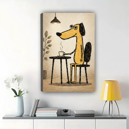 Coffee Shop Dog Wall Art – Warm Cozy Illustration Canvas Print on Natural Wood Frame | W2181
