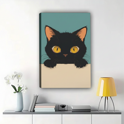The Peeking Black Cat – Minimalist Cute Wall Art on Natural Wood Canvas | W620