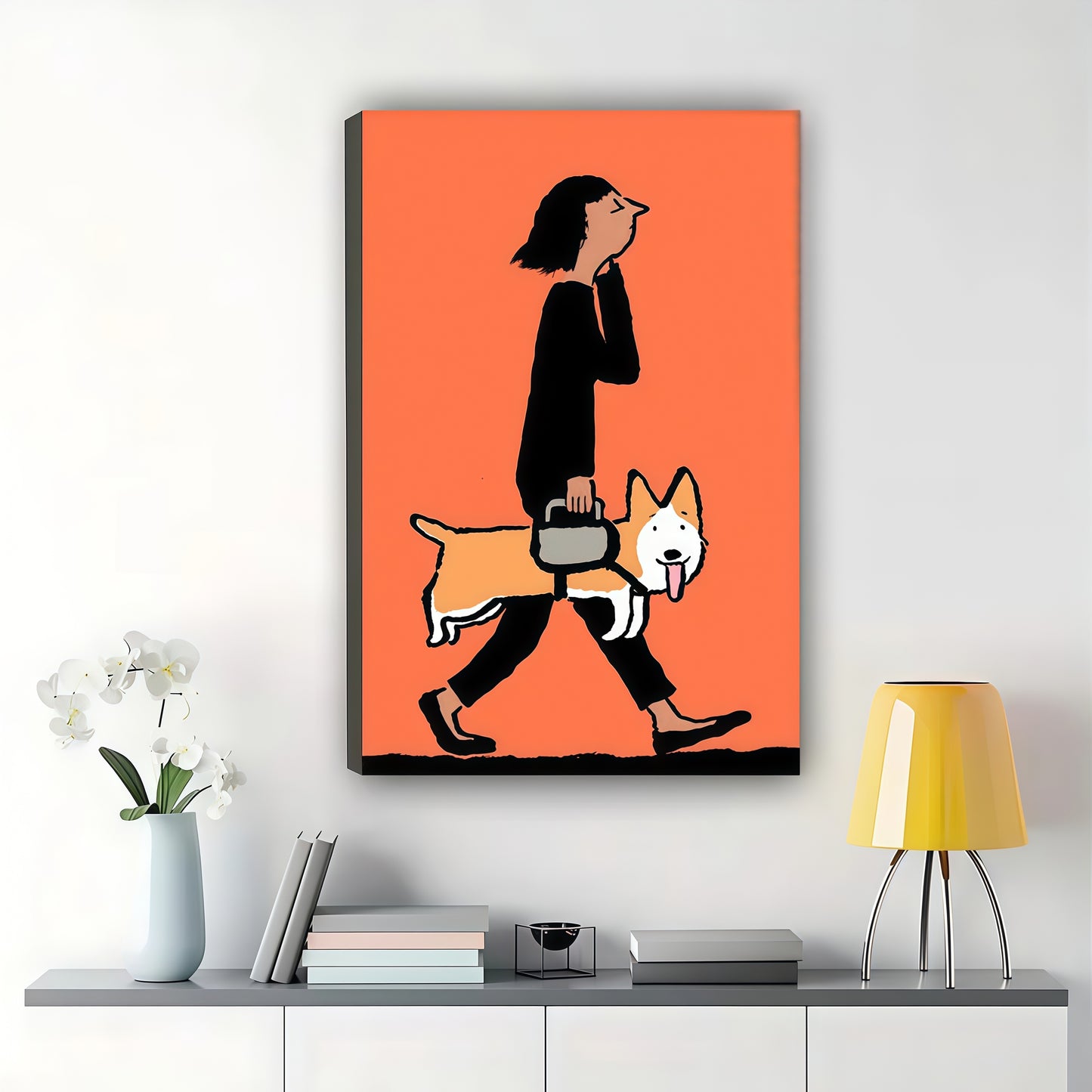Woman Walking with Corgi Wall Art – Minimalist Orange Background Canvas Print on Natural Wood Frame | W2419