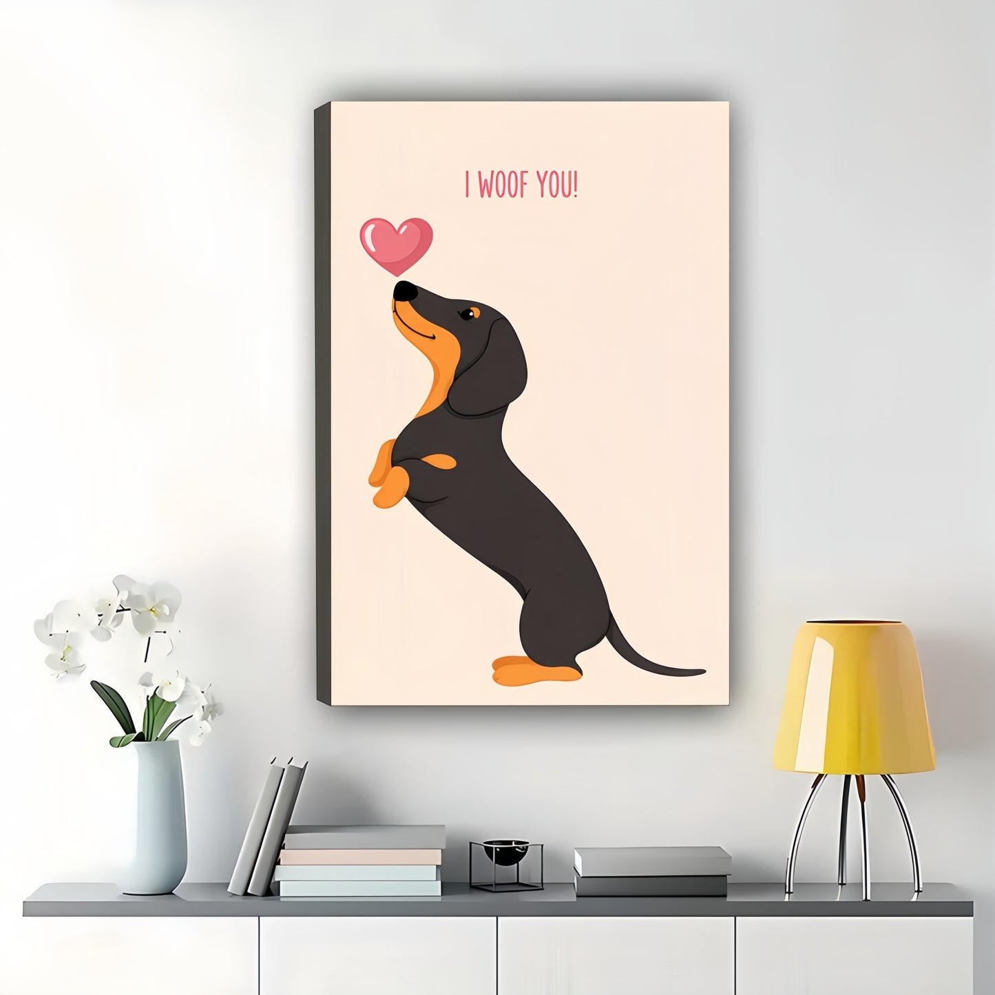“I Woof You” Dachshund with Heart – Sweet Romantic Pet Wall Art on Natural Wood Canvas | W694