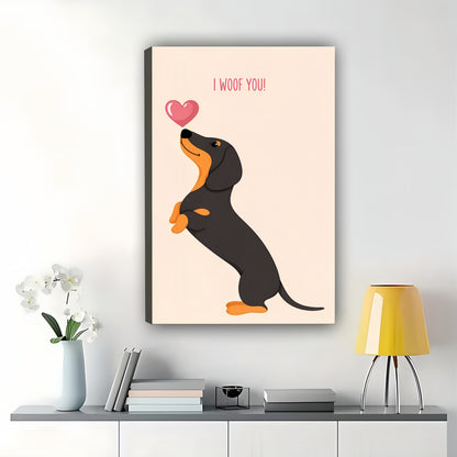 “I Woof You” Dachshund with Heart – Sweet Romantic Pet Wall Art on Natural Wood Canvas | W694