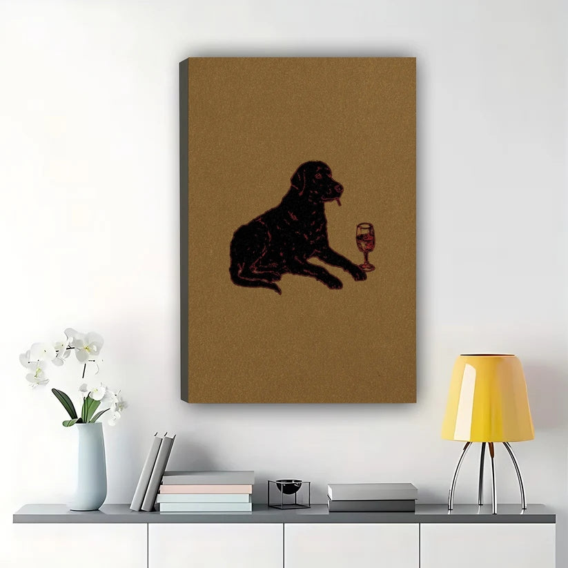 Vintage Black Labrador with Wine Glass Wall Art – Whimsical Dog Canvas Print on Natural Wood Frame | W2085