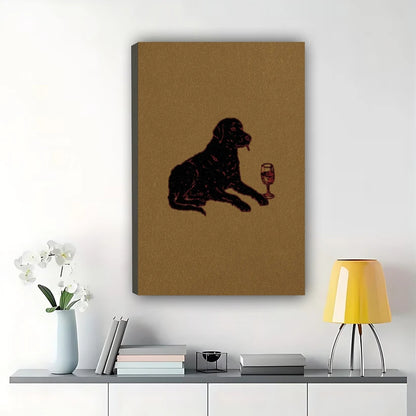 Vintage Black Labrador with Wine Glass Wall Art – Whimsical Dog Canvas Print on Natural Wood Frame | W2085