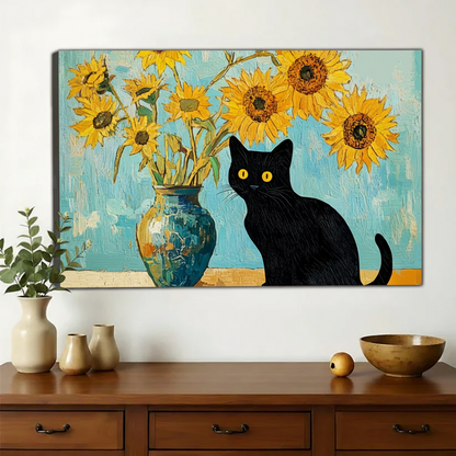 Black Cat with Sunflowers – Van Gogh Inspired Cat Wall Art on Natural Wood Canvas | W2025