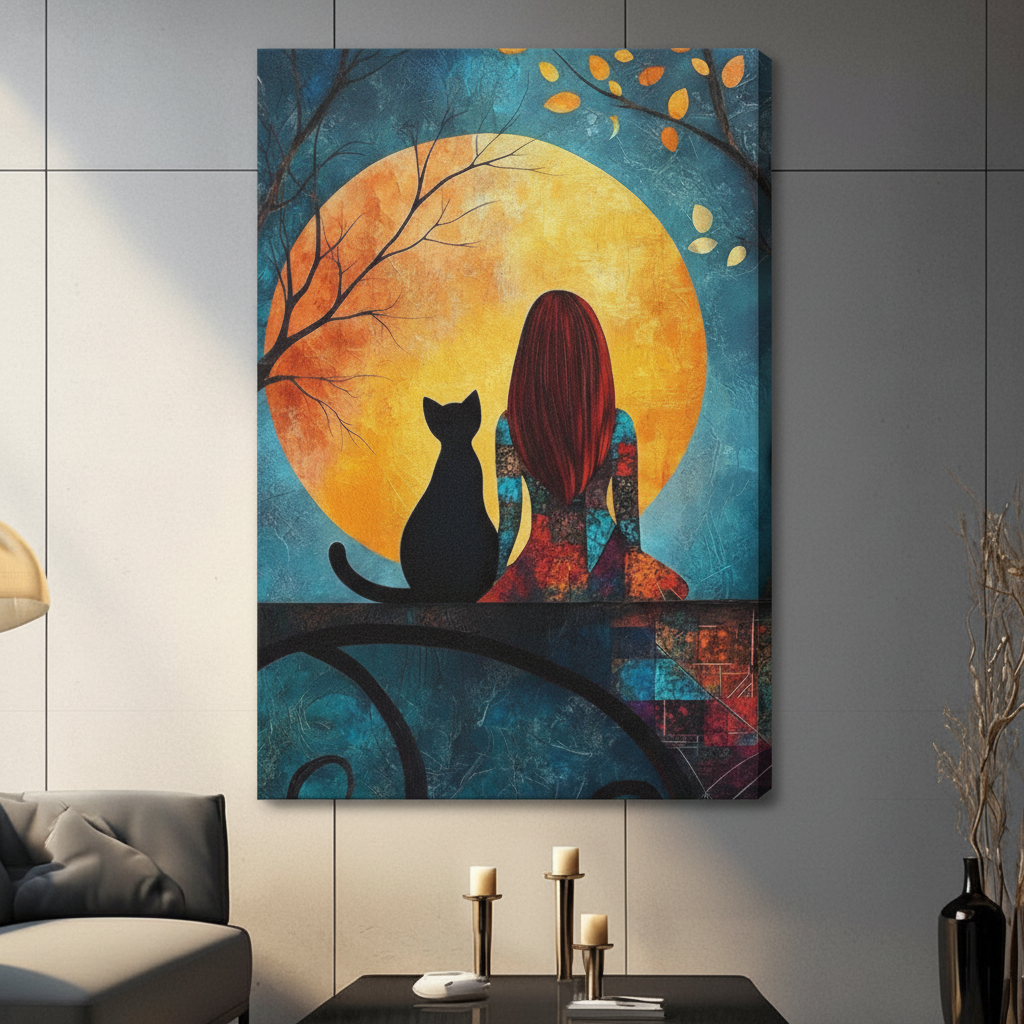 Girl Black Cat Moon Night Romantic Canvas Print w6045