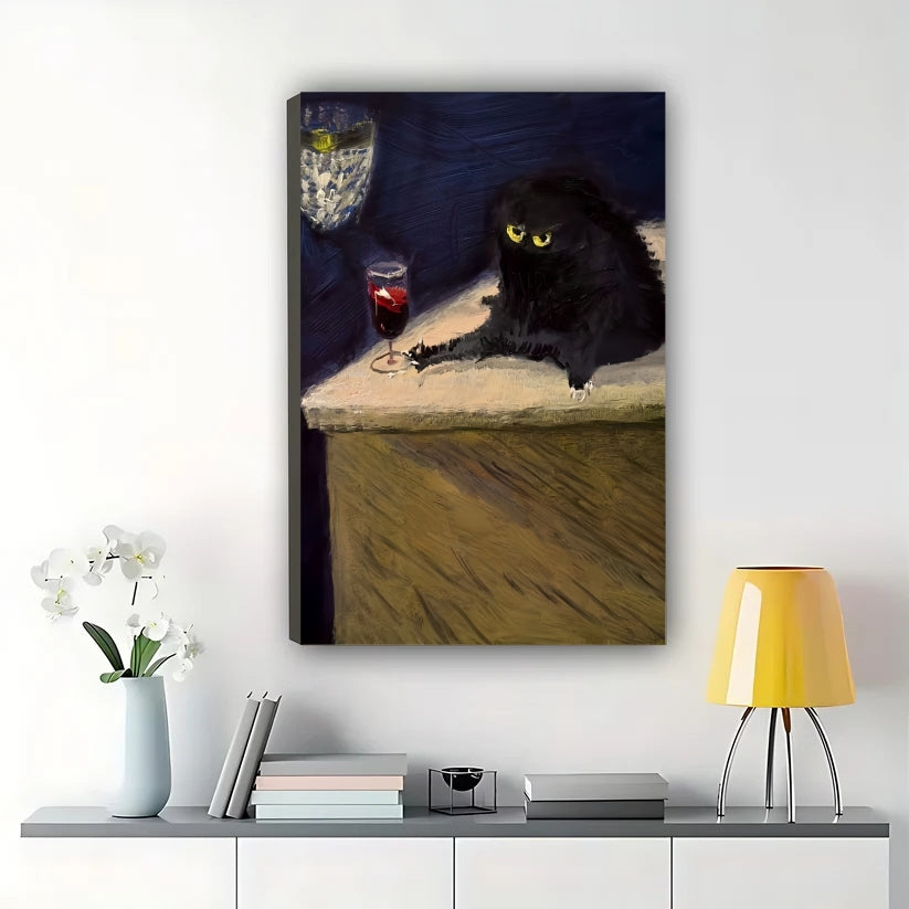 Black Cat with Red Wine Glass – Classic Art Parody Wall Art on Natural Wood Canvas | W845