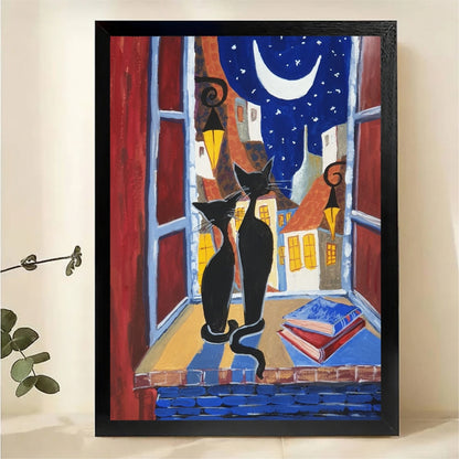 Two Black Cats on Moonlit Window Sill Wall Art - Romantic Colorful Oil Painting Canvas Print|W1444