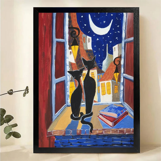 Two Black Cats on Moonlit Window Sill Wall Art - Romantic Colorful Oil Painting Canvas Print|W1444