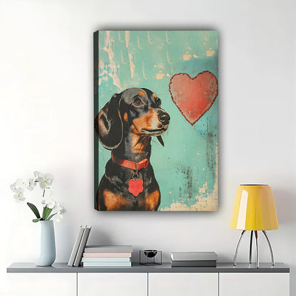 Retro Dachshund with Red Heart – Whimsical Vintage Pet Wall Art on Natural Wood Canvas | W803