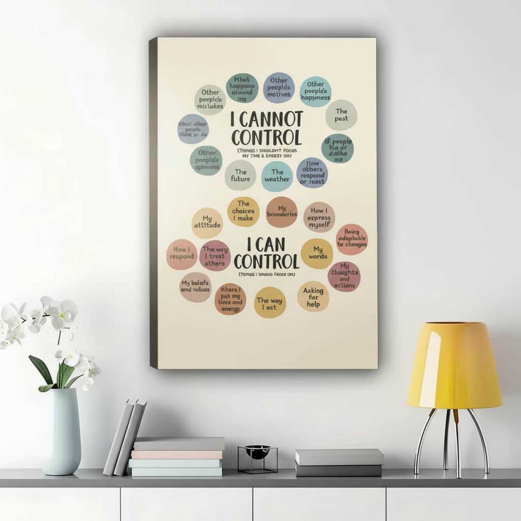 I Cannot Control / I Can Control Mental Health Check-In – Minimalist Therapy Wall Art on Natural Wood Canvas | W975