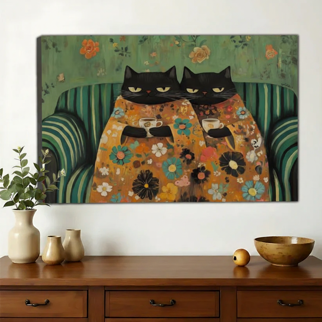 Two Black Cats in Floral Blankets – Cozy Vintage Wall Art on Natural Wood Canvas | W912