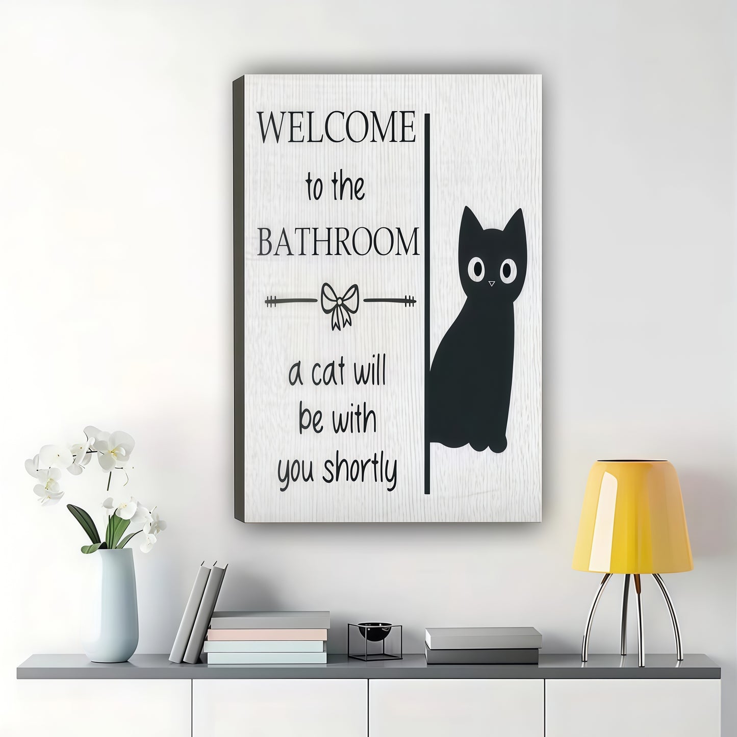 Welcome to the Bathroom Minimalist Black Cat – Humorous Bathroom Wall Art on Natural Wood Canvas | W946