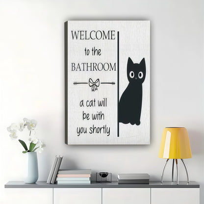 Welcome to the Bathroom Minimalist Black Cat – Humorous Bathroom Wall Art on Natural Wood Canvas | W946