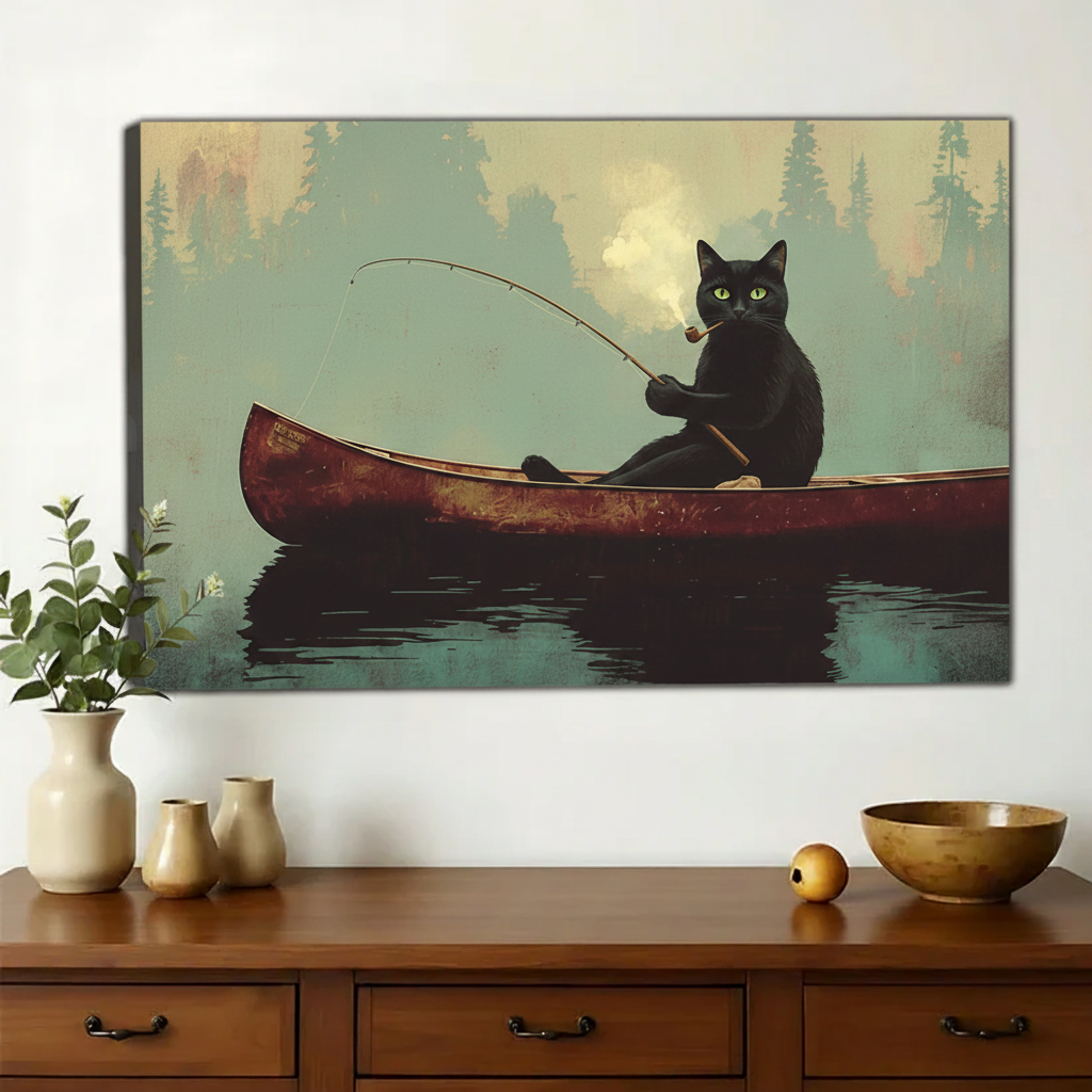 Black Cat Fishing in a Canoe Wall Art – Vintage Wilderness Canvas Print on Natural Wood Frame | W2165