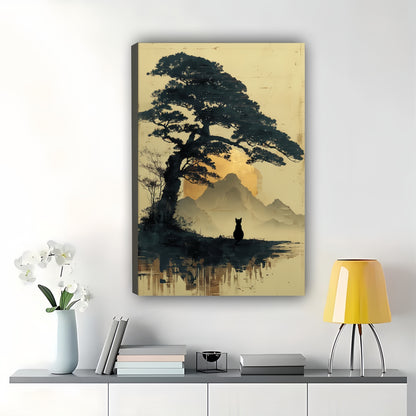 Black Cat in Japanese Mountain Landscape – Ukiyo-e Style Wall Art on Natural Wood Canvas | W872