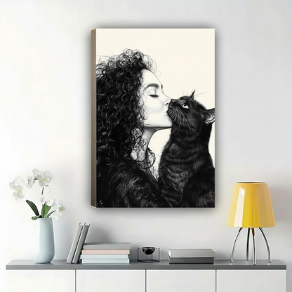 Woman & Black Cat Nose Kiss Wall Art – Intimate Sketch Canvas Print on Natural Wood Frame | W2118