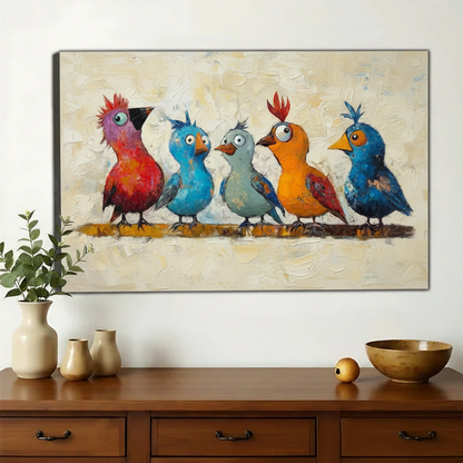Colorful Birds Parade Wall Art – Whimsical Rainbow Birds Canvas Print on Natural Wood Frame | W2413
