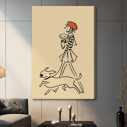 Parisian Girl Dogs Walk Minimalist Line Art Canvas Print w6013