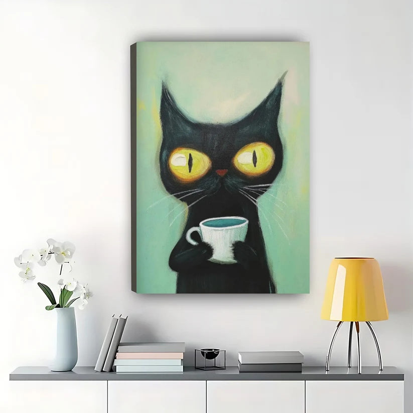 Black Cat Coffee Morning – Retro Cat Coffee Wall Art on Natural Wood Canvas | W2069