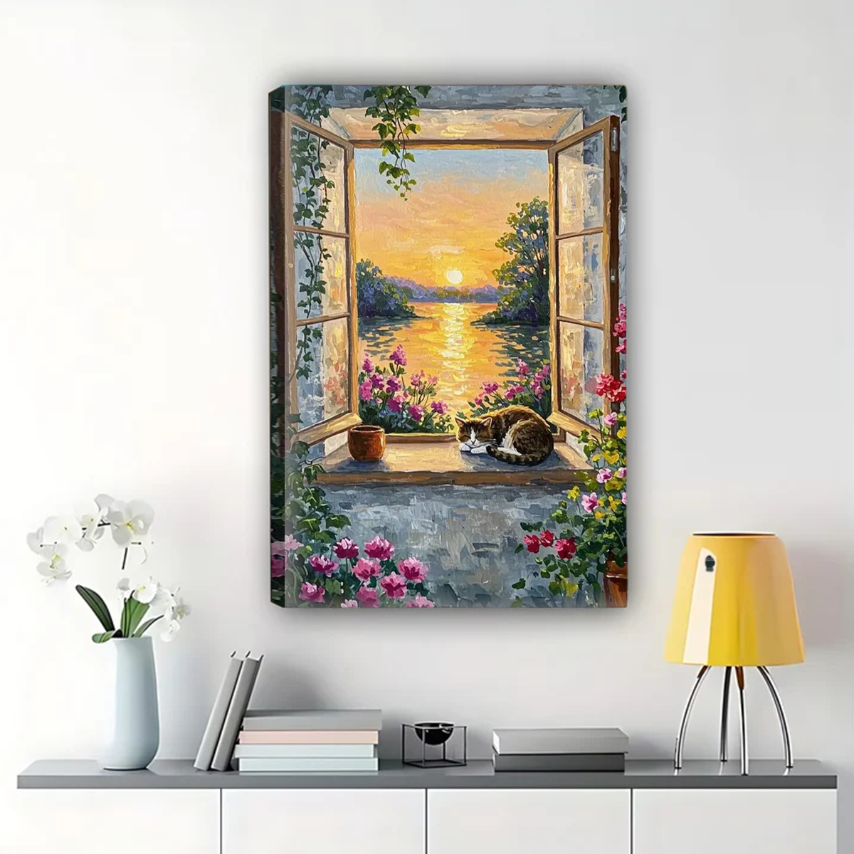Sleeping Cat Window View Canvas Print - Sunset Lake Landscape Wall Art|W1170
