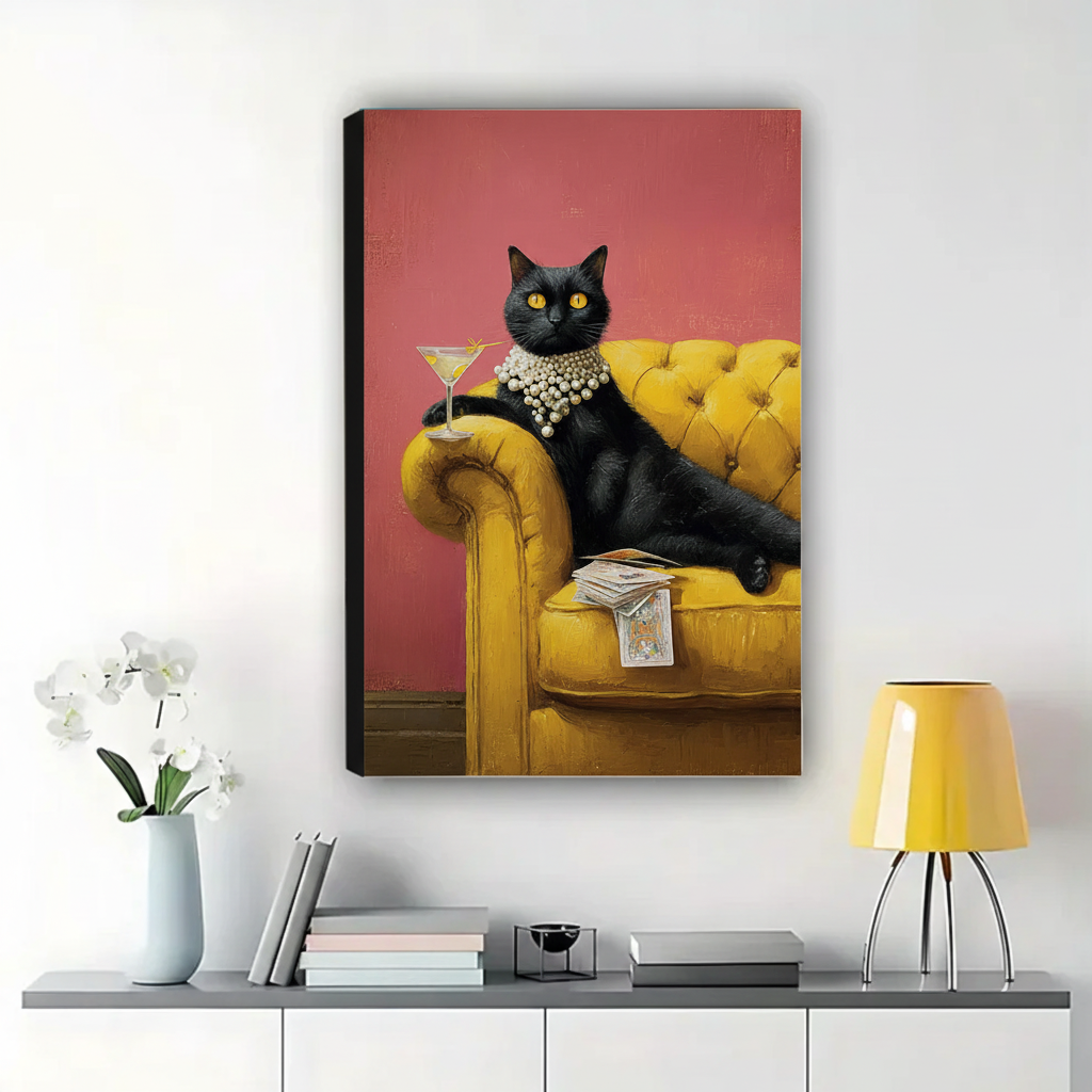 Glamorous Black Cat with Martini & Pearls Wall Art – Luxury Vintage Cat Canvas Print on Natural Wood Frame | W2101
