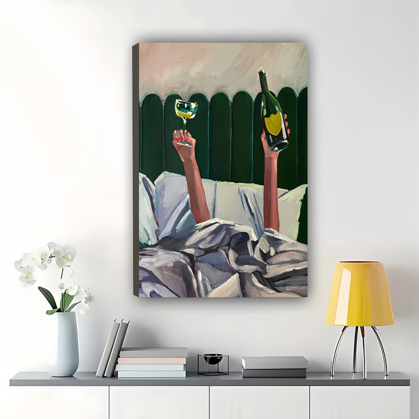 Champagne Toast in Bed – Luxury Celebration Oil Painting Wall Art on Natural Wood Canvas | W2059