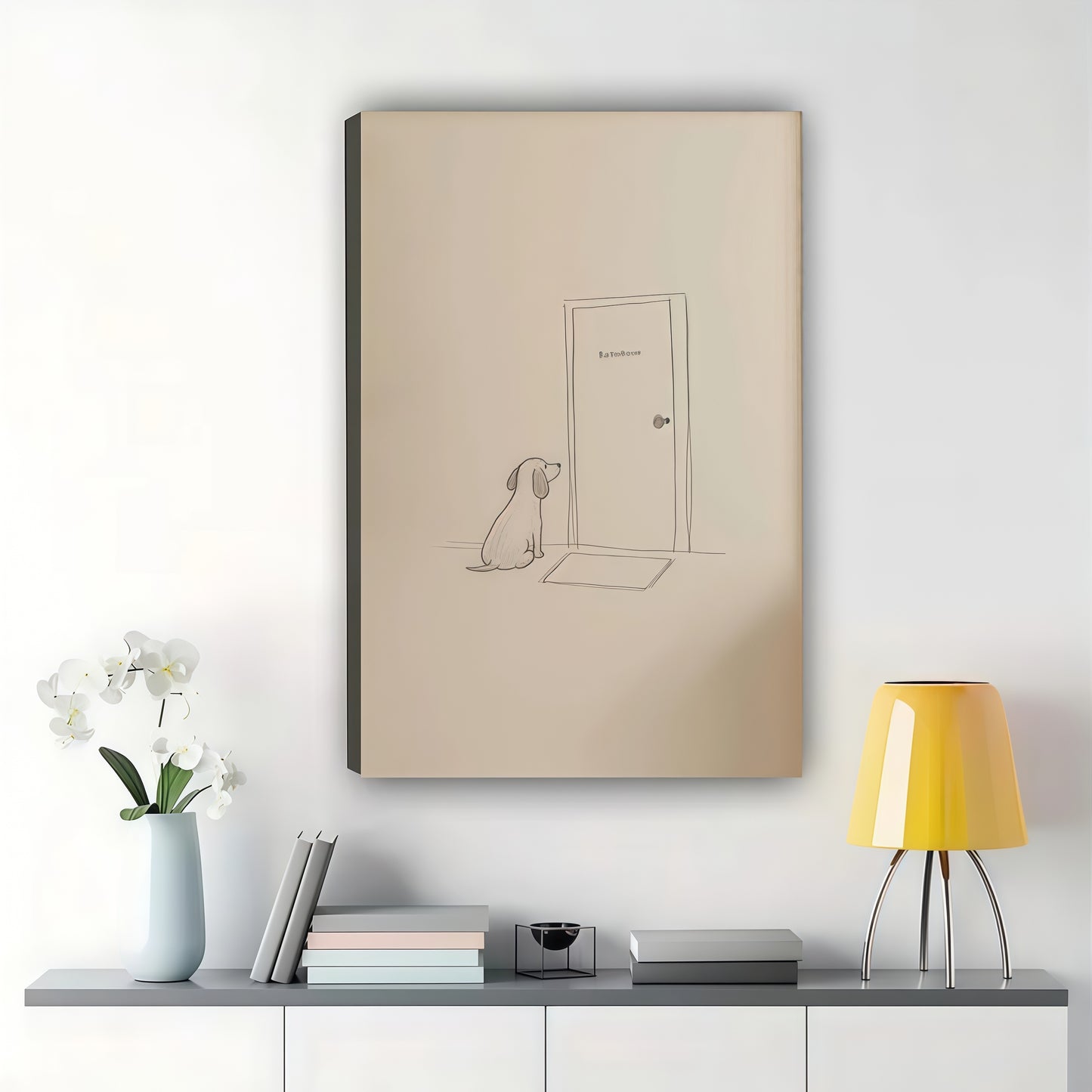 Dog Waiting at the Door Line Art Wall Art – Simple Hand-Drawn Pet Canvas Print on Natural Wood Frame | W2250
