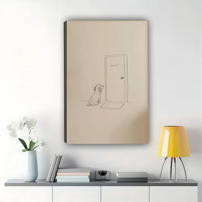 Dog Waiting at the Door Line Art Wall Art – Simple Hand-Drawn Pet Canvas Print on Natural Wood Frame | W2250