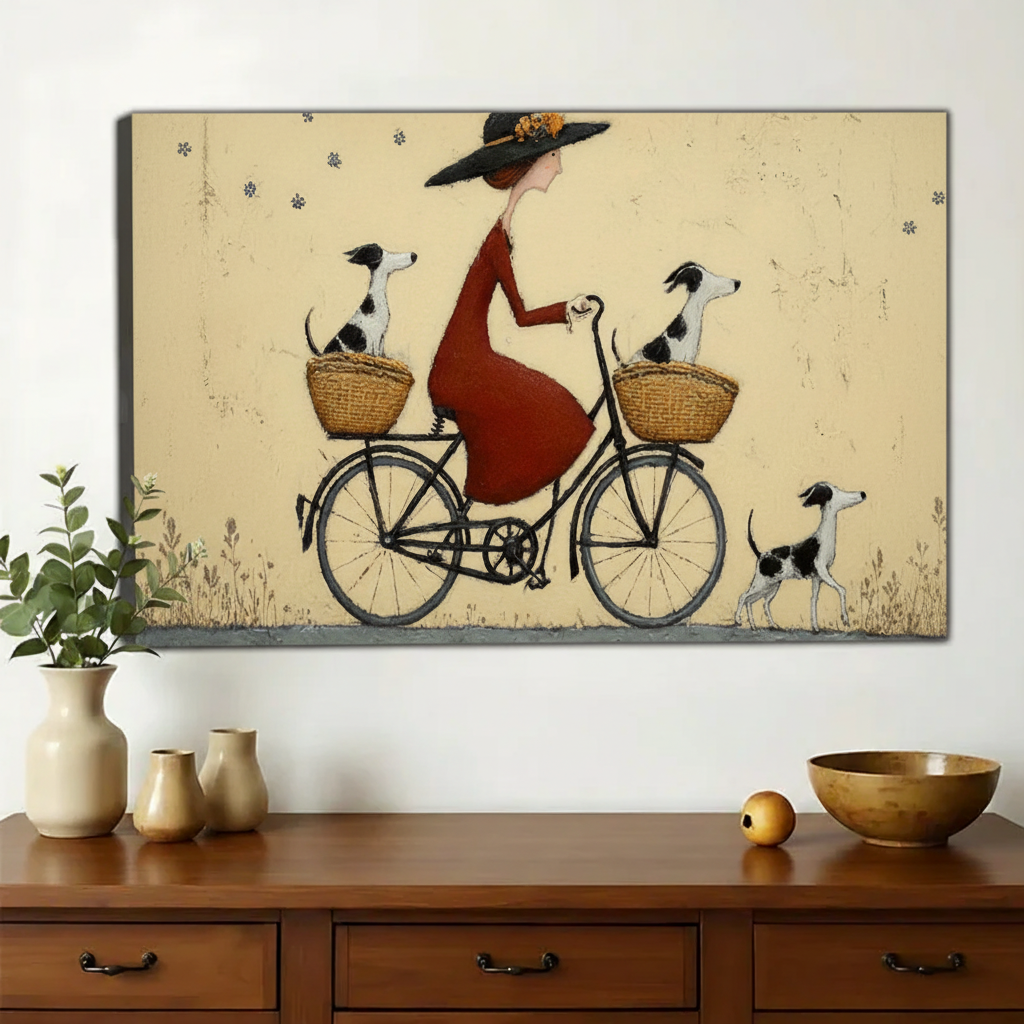 Lady on Bicycle with Three Dogs Wall Art – Vintage Folk Art Canvas Print on Natural Wood Frame | W2143