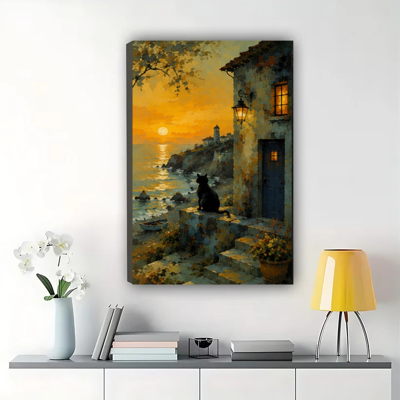 Sunset Coastal Black Cat Wall Art – Vintage Impressionist Cat Canvas Print on Natural Wood Frame | W2406