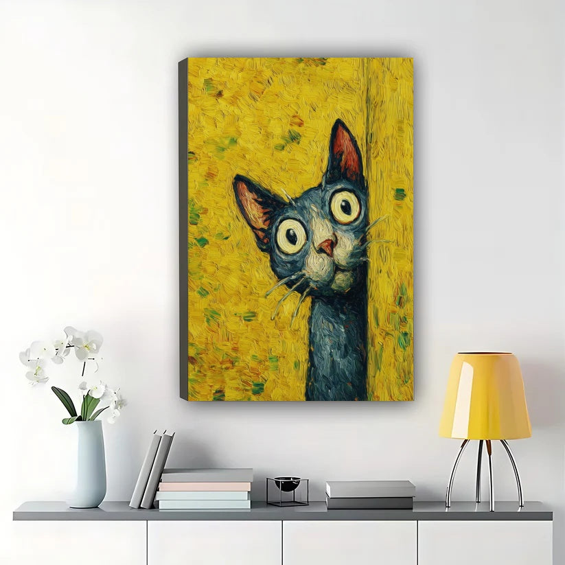 Peeking Black Cat Wall Art – Whimsical Vintage Oil Painting Style Cat Canvas Print | W2111