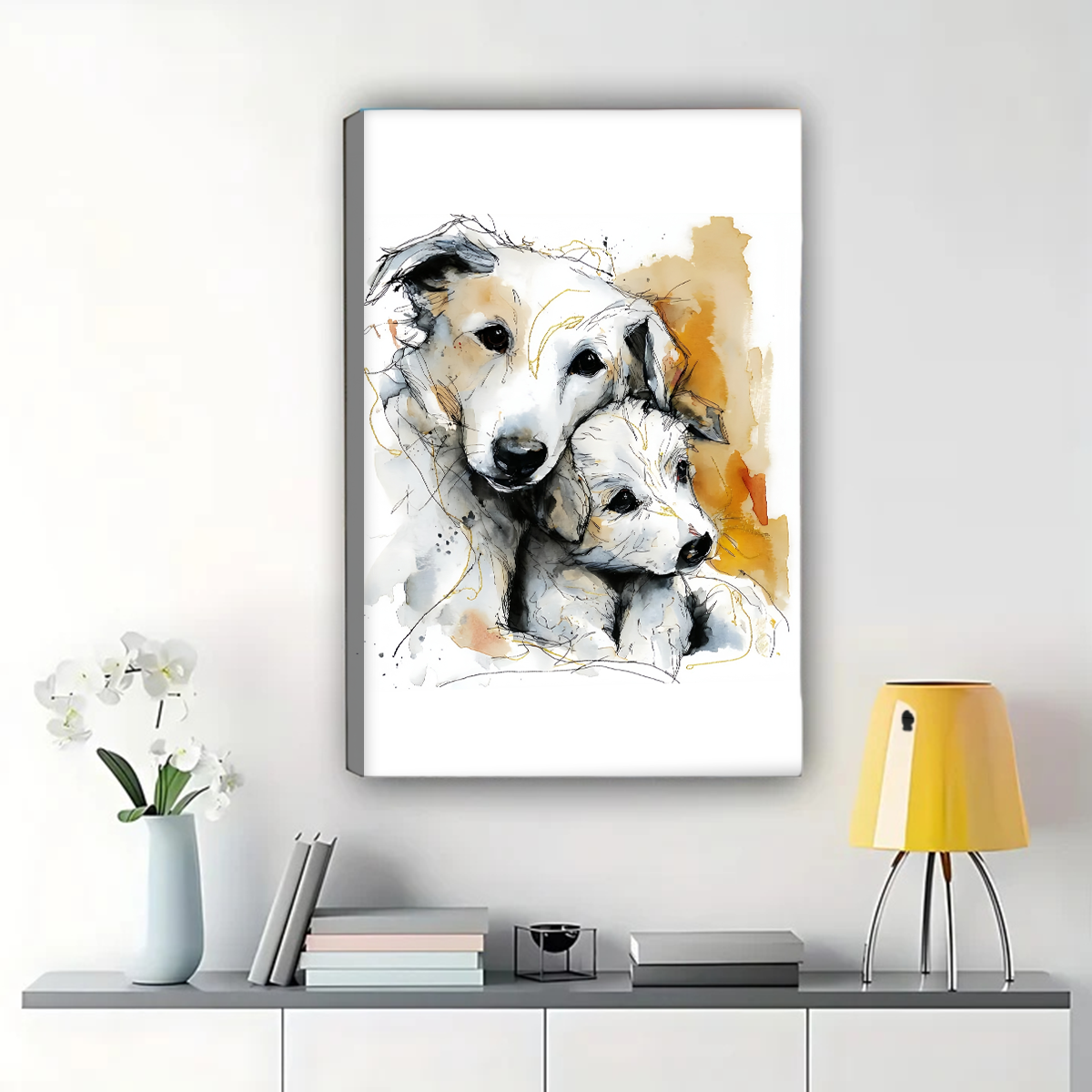 Two Dogs Cuddling Watercolor Canvas Art - Heartwarming Pet Wall Decor|W1178