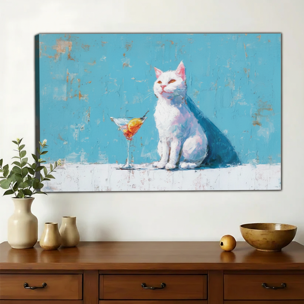 White Cat with Martini Glass Wall Art – Chic Luxury Cat Canvas Print on Natural Wood Frame | W2138