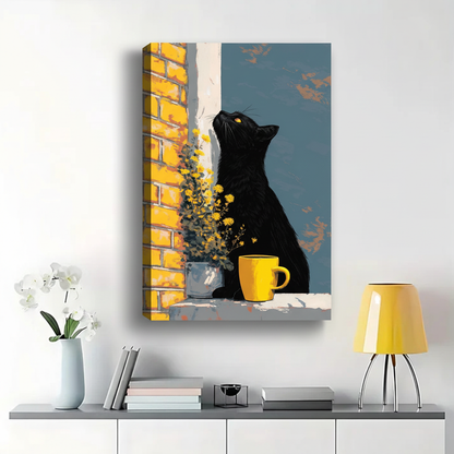 Black Cat by Yellow Brick Wall with Coffee Wall Art - Canvas Print|W1362