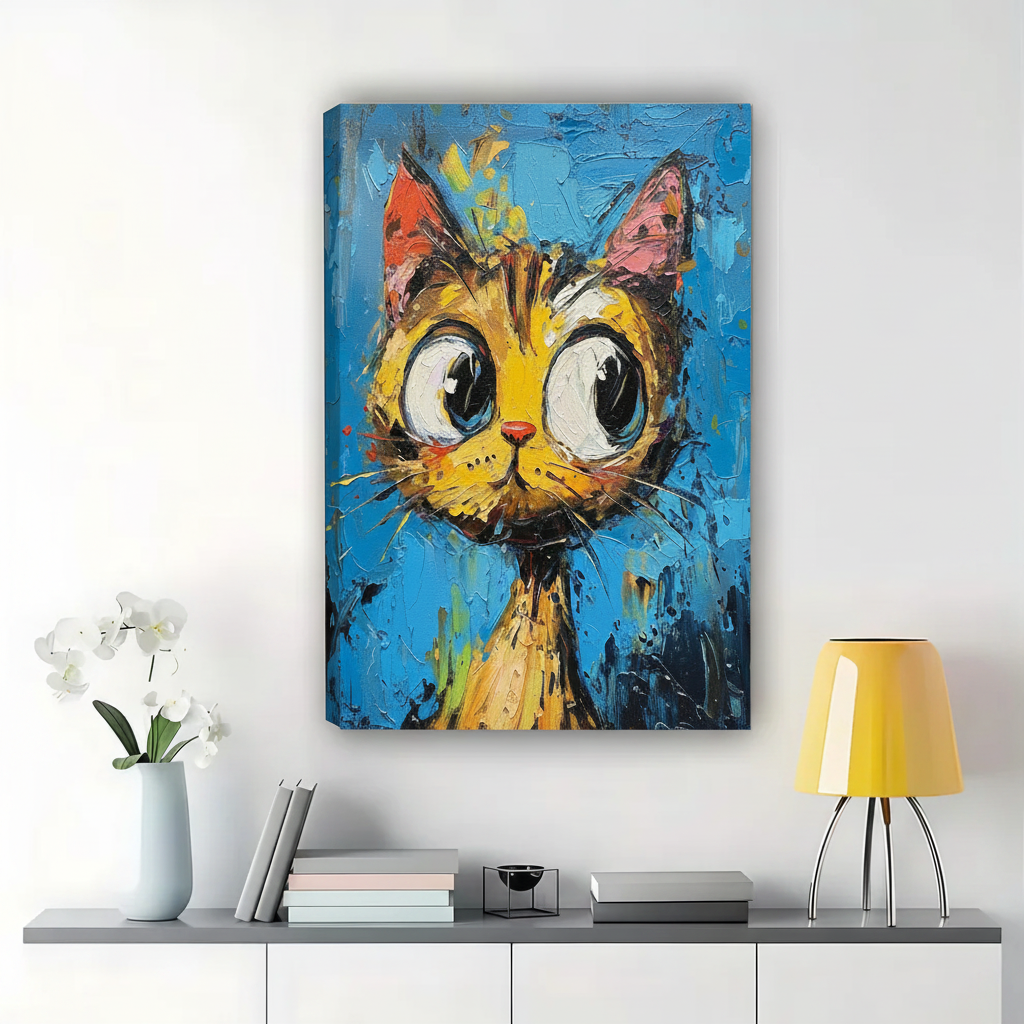 Wide-Eyed Orange Cat Wall Art – Bold Impasto Pop Art Canvas Print on Natural Wood Frame | W2289