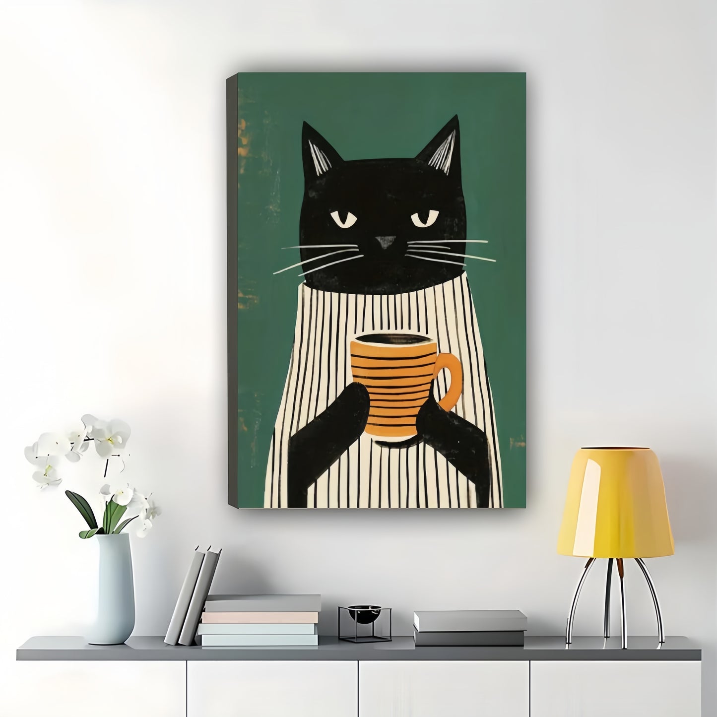 Retro Black Cat in Striped Shirt with Coffee Cup – Cozy Green Background Wall Art on Natural Wood Canvas | W732