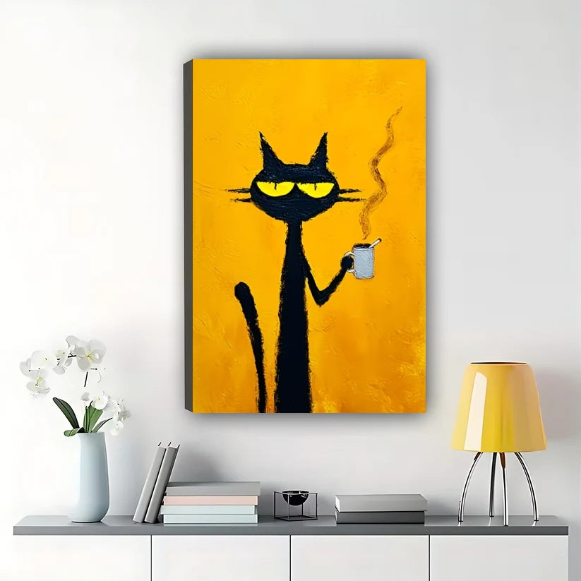 Retro Black Cat with Coffee & Pipe – Bold Yellow Background Wall Art on Natural Wood Canvas | W718